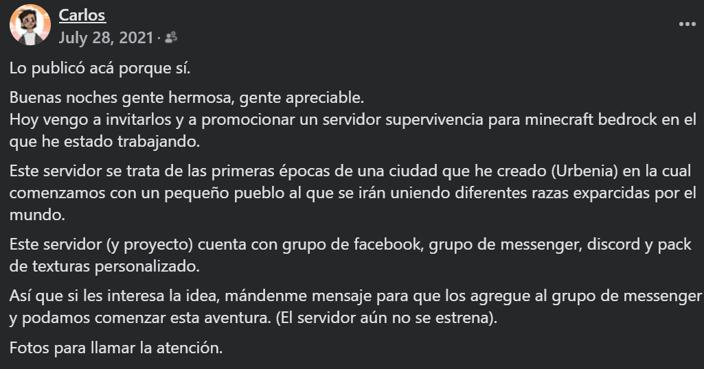 Publicación de Carlos para promocionar el servidor de Urbenia en Facebook, 28 de julio del 2021